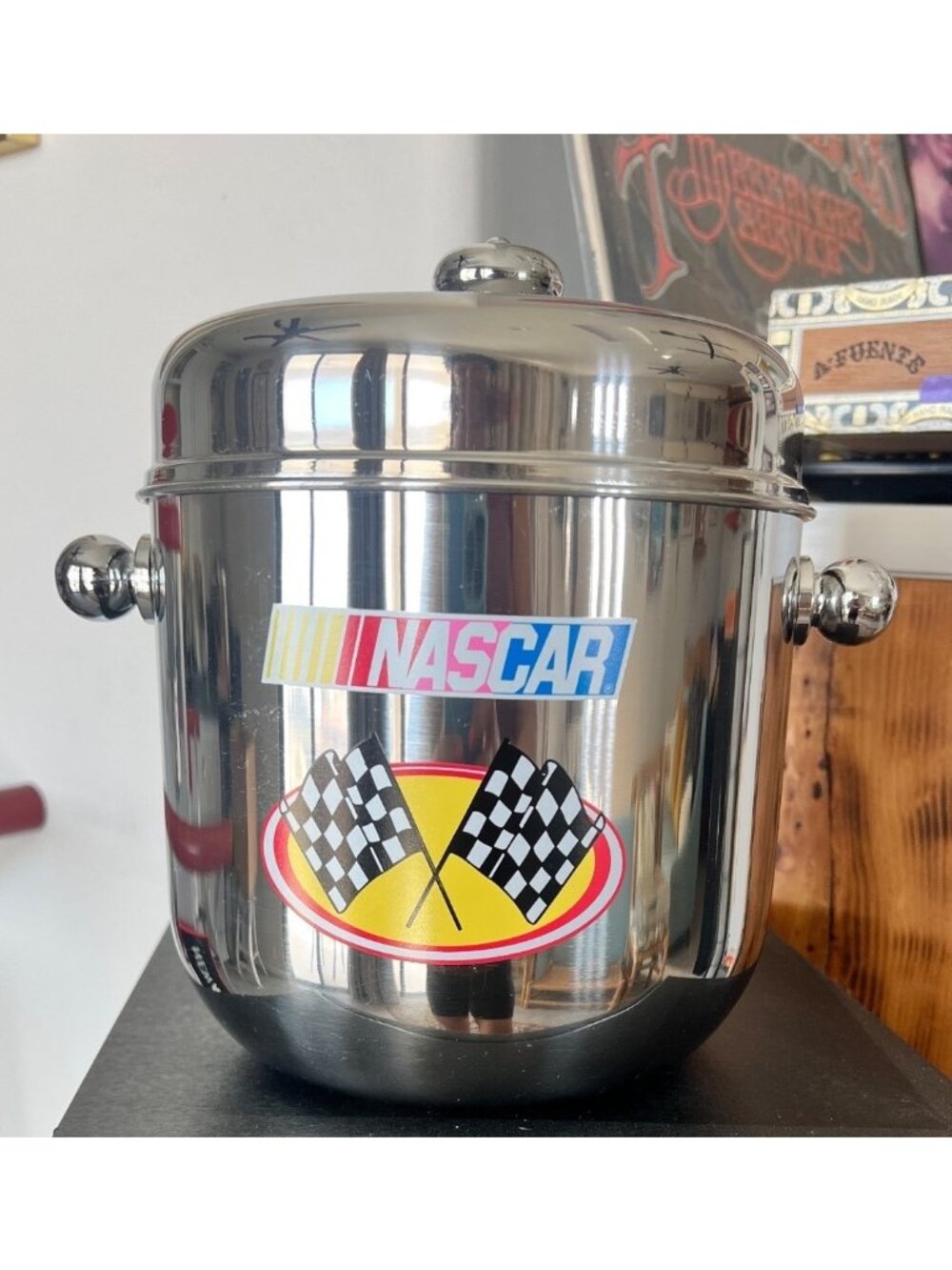 NASCAR ice bucket with 6 shot glasses, collectible set, auto racing